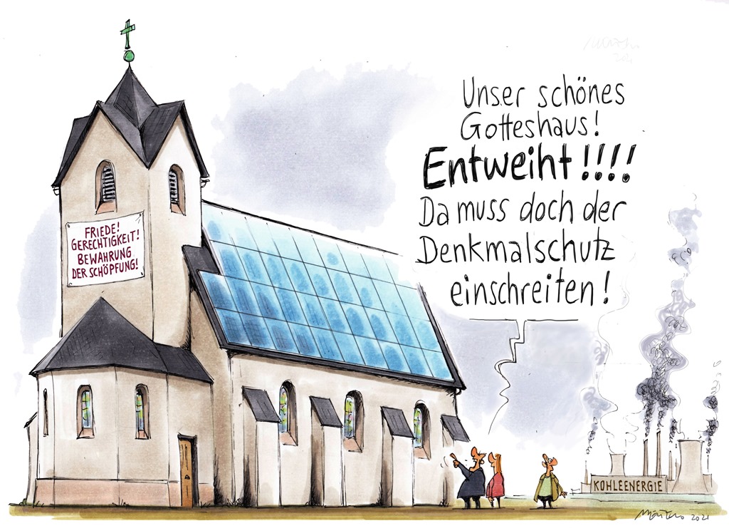 Cartoon einer "entweihten" Kirche mit Solarzellen auf dem Dach