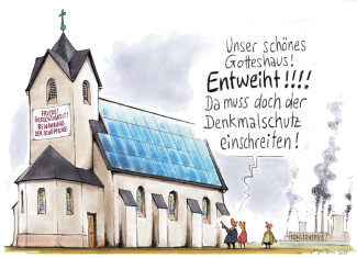 Karikatur eines Kirchendaches mit Solarzellen